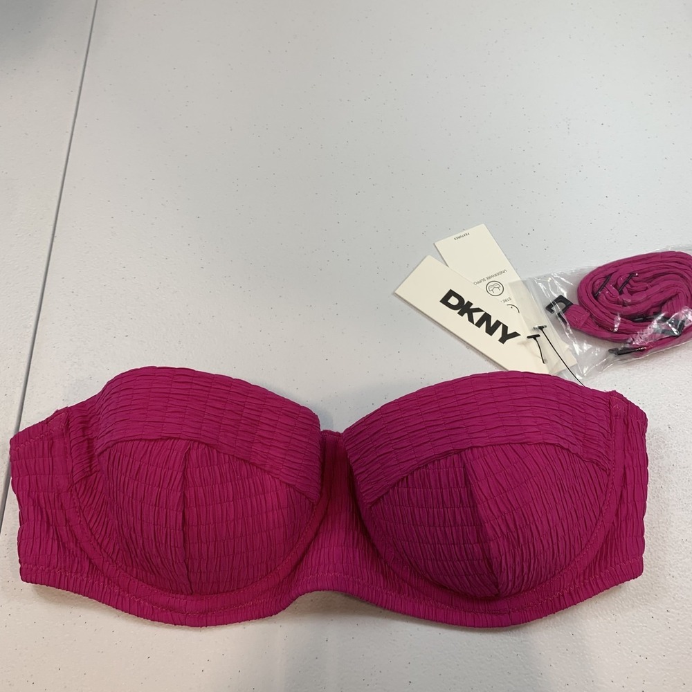 DKNY Women's Swim Bikini Top S Balconette Underwire Molded Pink Textured